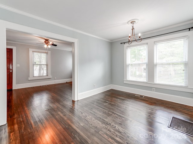 interior space featuring ornamental molding, dark hardwood / wood-style floors, and ceiling fan with notable chandelier