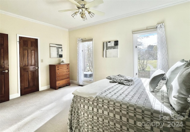 bedroom with access to outside, light colored carpet, ceiling fan, and ornamental molding