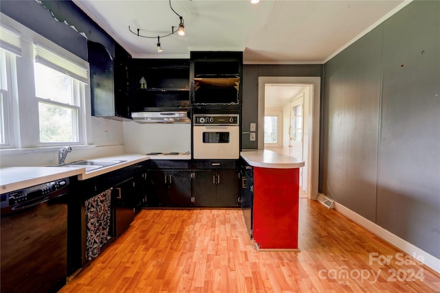 kitchen featuring ornamental molding, sink, oven, dishwasher, and light wood-type flooring