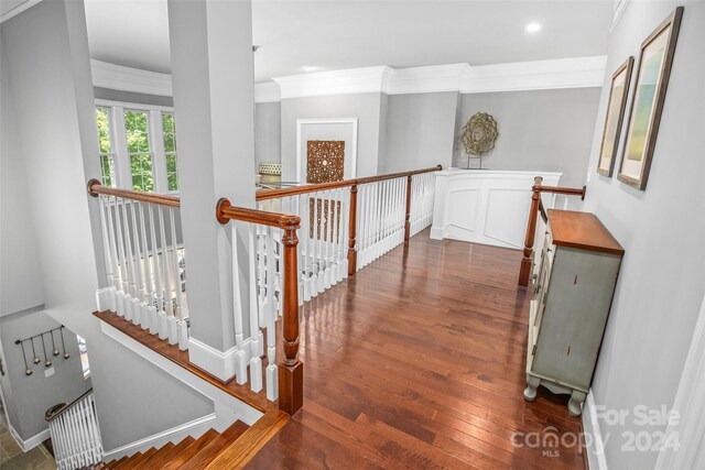 hall with ornamental molding and dark hardwood / wood-style floors