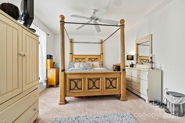 bedroom featuring ceiling fan and light colored carpet