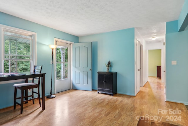 interior space with light wood-type flooring and a textured ceiling