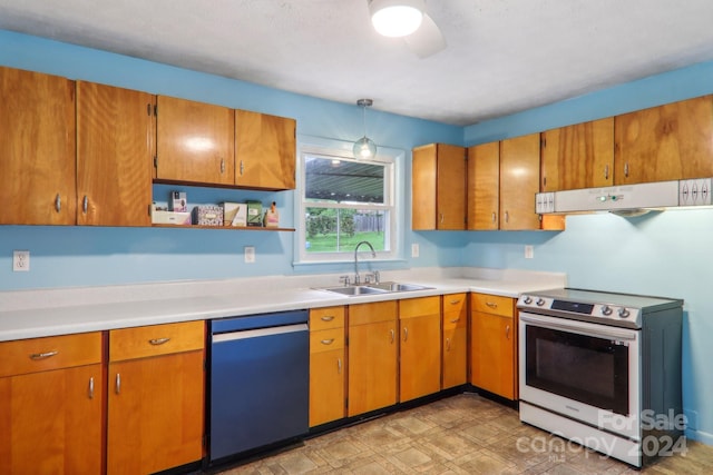 kitchen featuring sink, decorative light fixtures, electric range, and dishwasher