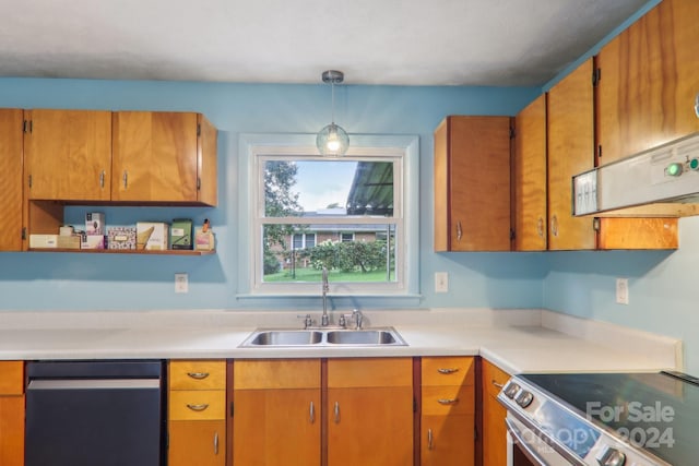 kitchen featuring pendant lighting, stainless steel range with electric cooktop, extractor fan, dishwasher, and sink