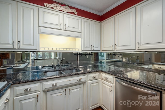 kitchen with backsplash, stainless steel dishwasher, ornamental molding, white cabinetry, and a sink