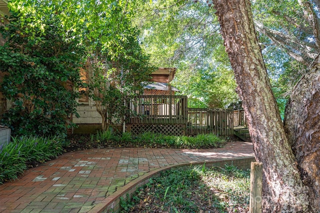 view of yard with a deck and a patio