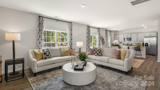 living room with dark hardwood / wood-style floors