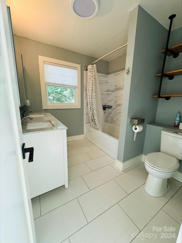 full bathroom with vanity, shower / bathtub combination with curtain, and toilet