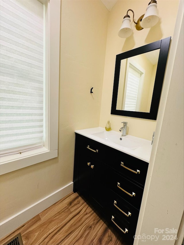 bathroom featuring vanity and hardwood / wood-style floors