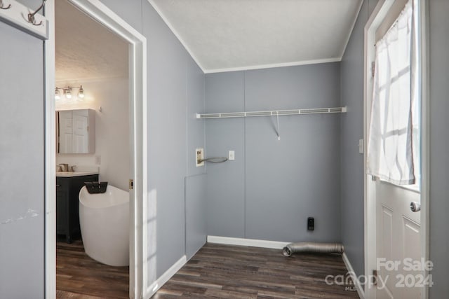 clothes washing area with dark wood-type flooring, ornamental molding, and a textured ceiling