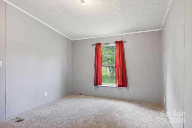 carpeted empty room with a textured ceiling and crown molding