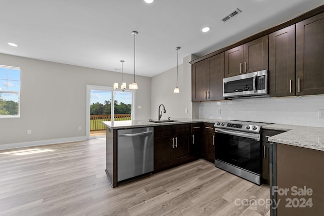 kitchen with dark brown cabinetry, light hardwood / wood-style flooring, tasteful backsplash, stainless steel appliances, and kitchen peninsula