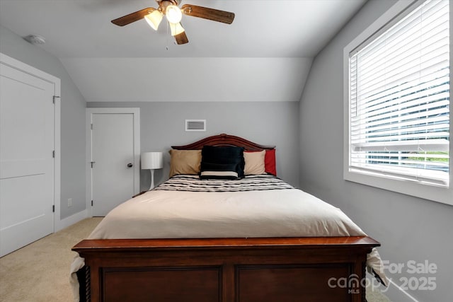 58 Greenwood Fields Dr, Asheville, NC 28804 - bedroom featuring lofted ceiling, ceiling fan, visible vents, and light colored carpet