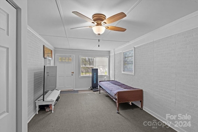 interior space with carpet, brick wall, and ceiling fan