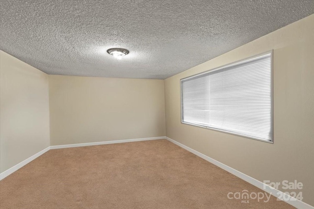 carpeted spare room featuring a textured ceiling and baseboards