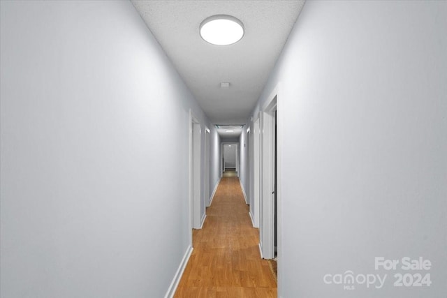 hallway featuring light wood-type flooring and a textured ceiling