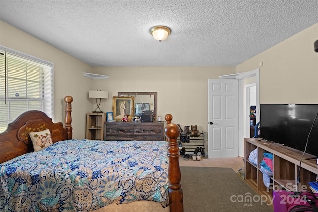 bedroom with carpet and a textured ceiling