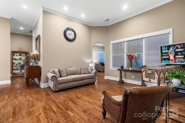 living room featuring wood-type flooring and ornamental molding