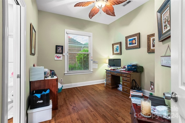 office space featuring ceiling fan and dark hardwood / wood-style floors