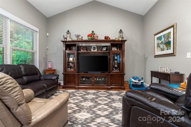 living room with lofted ceiling and hardwood / wood-style flooring