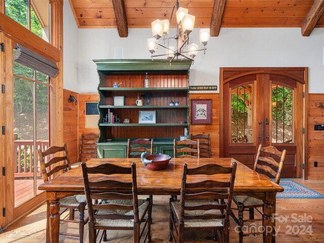 dining room featuring a healthy amount of sunlight, wood walls, wooden ceiling, and a chandelier