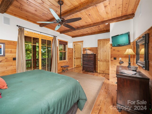 bedroom featuring wooden ceiling, light hardwood / wood-style flooring, access to exterior, ceiling fan, and wooden walls