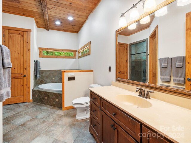 full bathroom featuring toilet, vanity, wood ceiling, beam ceiling, and shower with separate bathtub