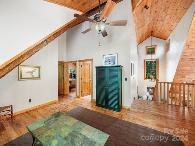 living room with ceiling fan, wooden ceiling, high vaulted ceiling, and hardwood / wood-style flooring