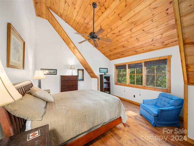 bedroom with light wood-type flooring, wood ceiling, high vaulted ceiling, and ceiling fan