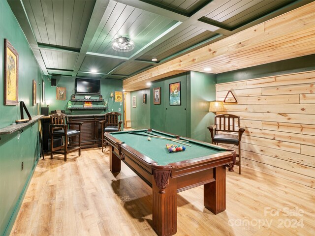 playroom with wooden ceiling, billiards, light hardwood / wood-style flooring, and indoor bar