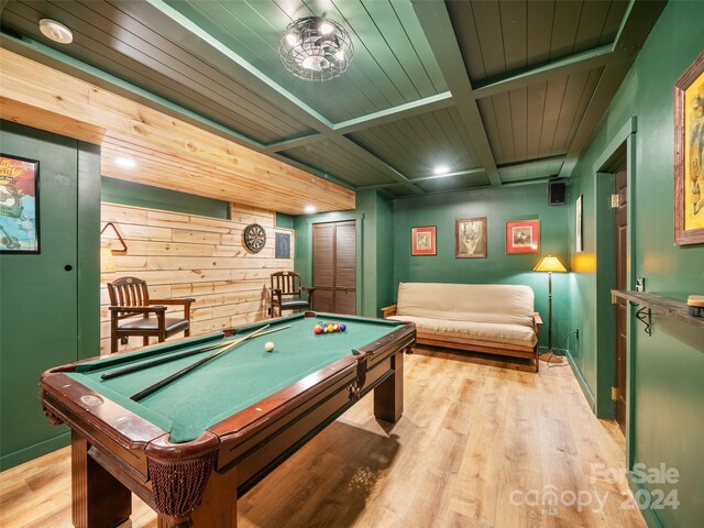 playroom featuring light wood-type flooring, beam ceiling, pool table, and wooden ceiling