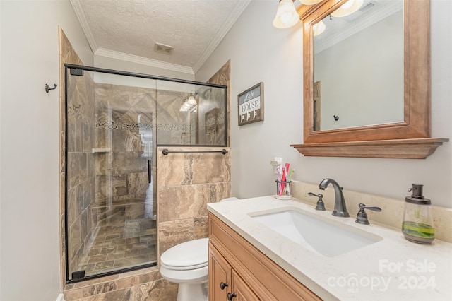 bathroom featuring tile patterned floors, an enclosed shower, a textured ceiling, vanity, and toilet