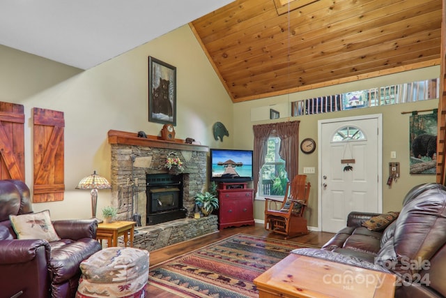 living room featuring high vaulted ceiling, dark wood-type flooring, wood ceiling, and a stone fireplace