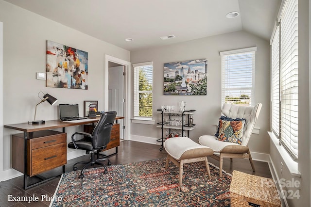 office space featuring dark hardwood / wood-style flooring and vaulted ceiling