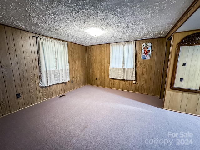 carpeted spare room with a textured ceiling and wood walls