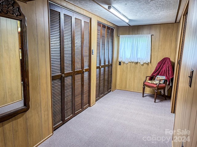 living area featuring wood walls, carpet, and a textured ceiling