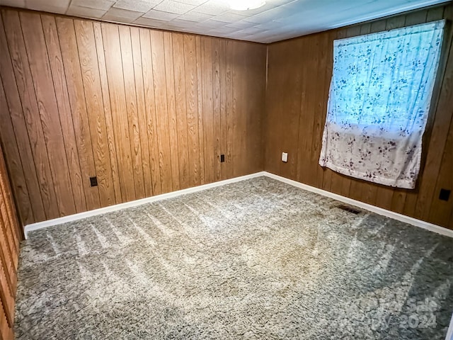 spare room with carpet floors and wooden walls