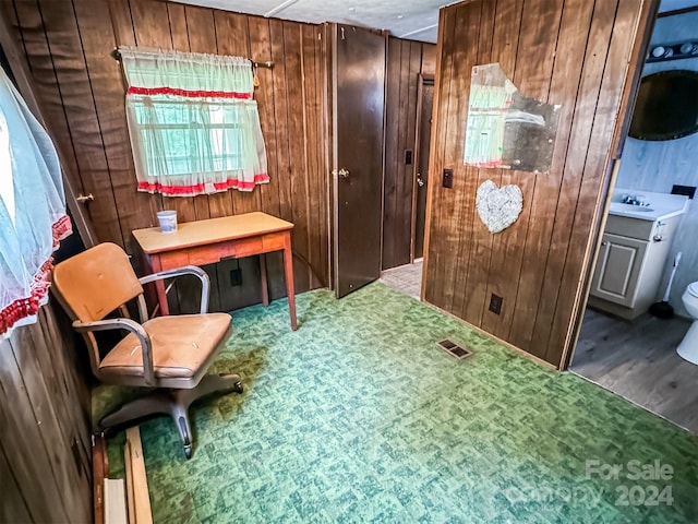 sitting room featuring sink, hardwood / wood-style flooring, and wooden walls