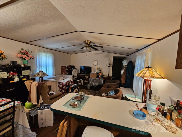 interior space featuring vaulted ceiling, ceiling fan, a textured ceiling, and wood finished floors