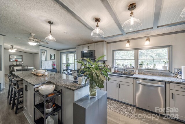 kitchen featuring appliances with stainless steel finishes, sink, hanging light fixtures, and light hardwood / wood-style floors