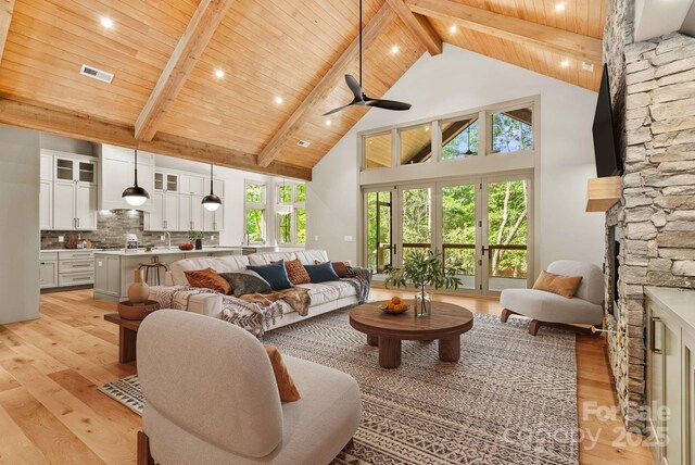 11 Nestlewood Dr Unit 310, Arden, NC 28704 - living area featuring a stone fireplace, a wood ceiling with exposed beams, light wood-type flooring, high vaulted ceiling, and ceiling fan
