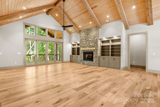 11 Nestlewood Dr Unit 310, Arden, NC 28704 - unfurnished living room with high vaulted ceiling, a wood ceiling with exposed beams, wood finished floors, ceiling fan, and a fireplace