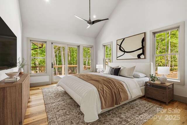 11 Nestlewood Dr Unit 310, Arden, NC 28704 - bedroom with access to outside, high vaulted ceiling, light wood-style flooring, and a ceiling fan