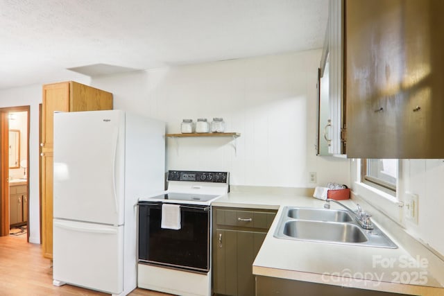 kitchen with range with electric stovetop, sink, white refrigerator, and light wood-type flooring