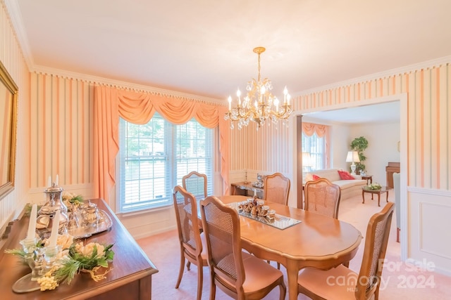 dining room with crown molding, a wealth of natural light, a notable chandelier, and wallpapered walls