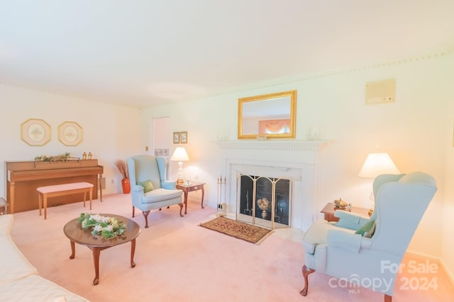 carpeted living area with a fireplace with flush hearth