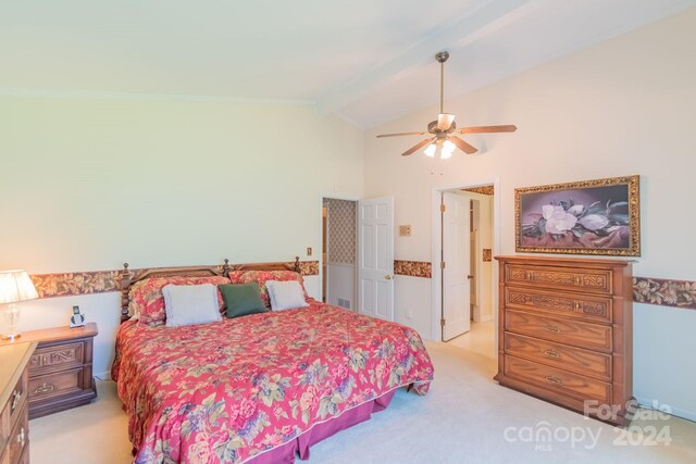 bedroom with high vaulted ceiling, ceiling fan, light colored carpet, and beam ceiling