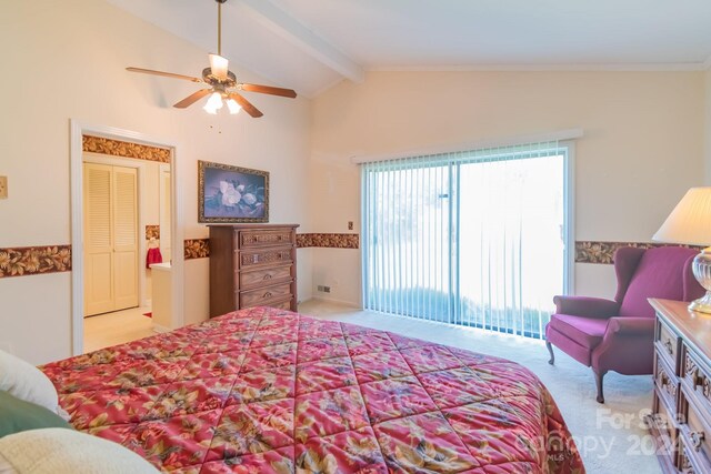 bedroom with ceiling fan, vaulted ceiling with beams, and light carpet