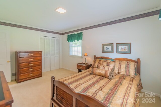 carpeted bedroom featuring crown molding and a closet