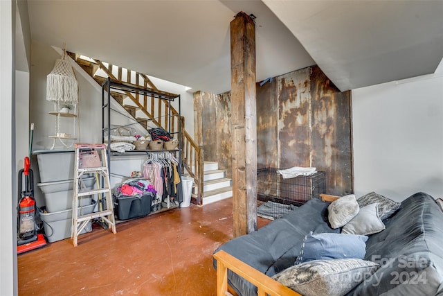 living room with concrete floors